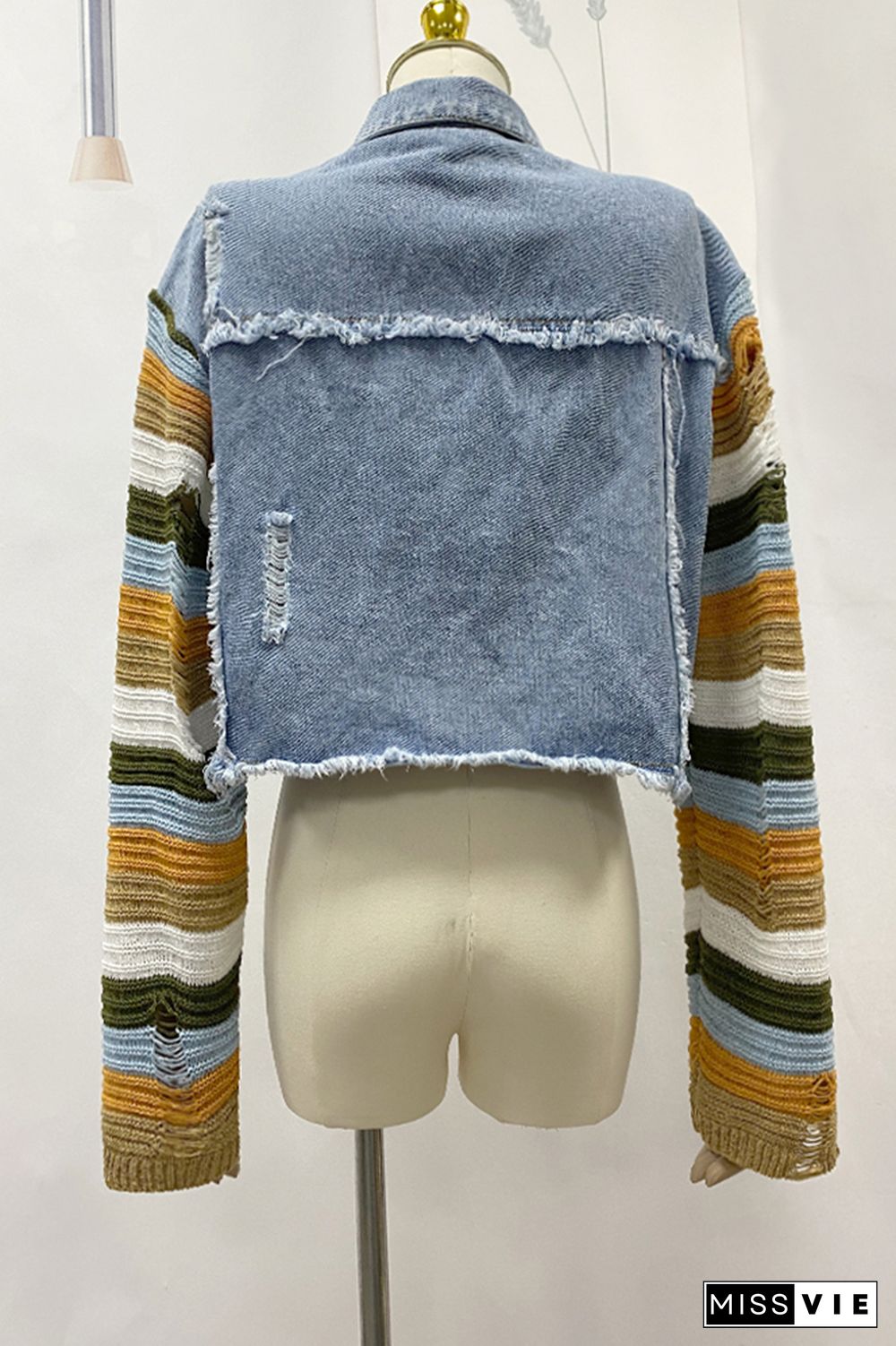 Rainbow Knitting Sleeve Patchwork Ripped Denim Jacket