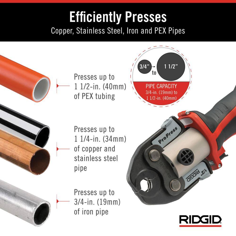 RIDGID RP 241 Compact Inline Press Tool Kit Includes 4 ProPress Jaws (12 34 1 1-14 in.) 2-12V Batteries Charger + Case 57363