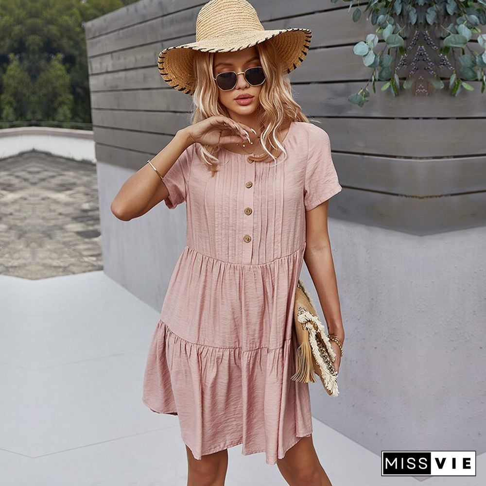 Spring New Solid Short Dress Women Casual O Neck Button Summer Dress Ladies Loose Short Sleeve A Line Dresses