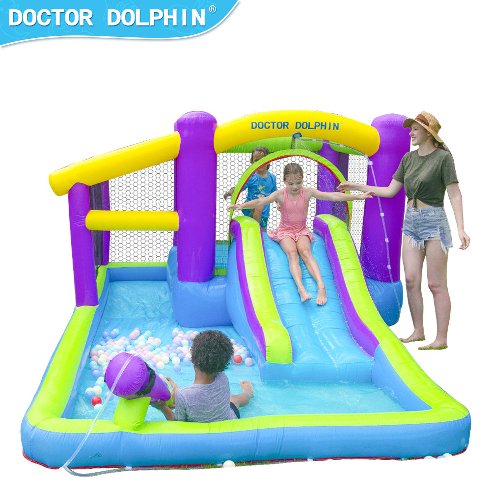 Inflatable Bounce House 5 in 1 Water Slide Jumping Park With Splashing Pool Water Cannon Including Carry Bag Stakes Repair Kit Hose (with 450W Air Blower)