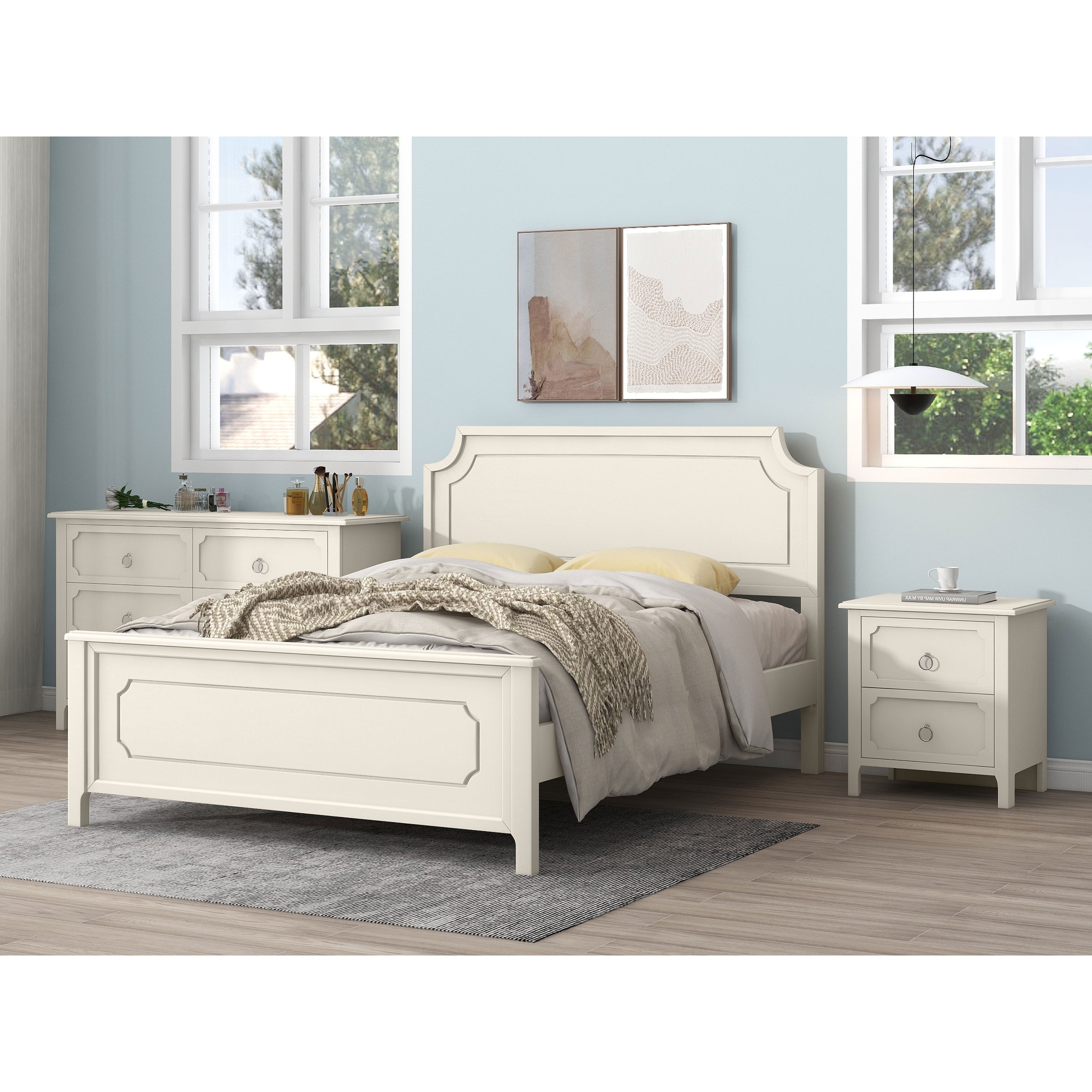 3 Pieces Bedroom Sets Milky White Solid Rubber Wood - - 37499347