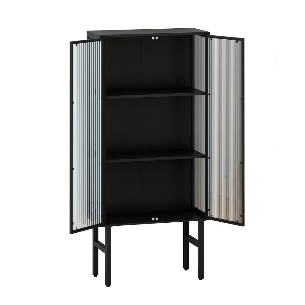 Multi function High Cabinet with 2 Glass Doors and Metal Legs