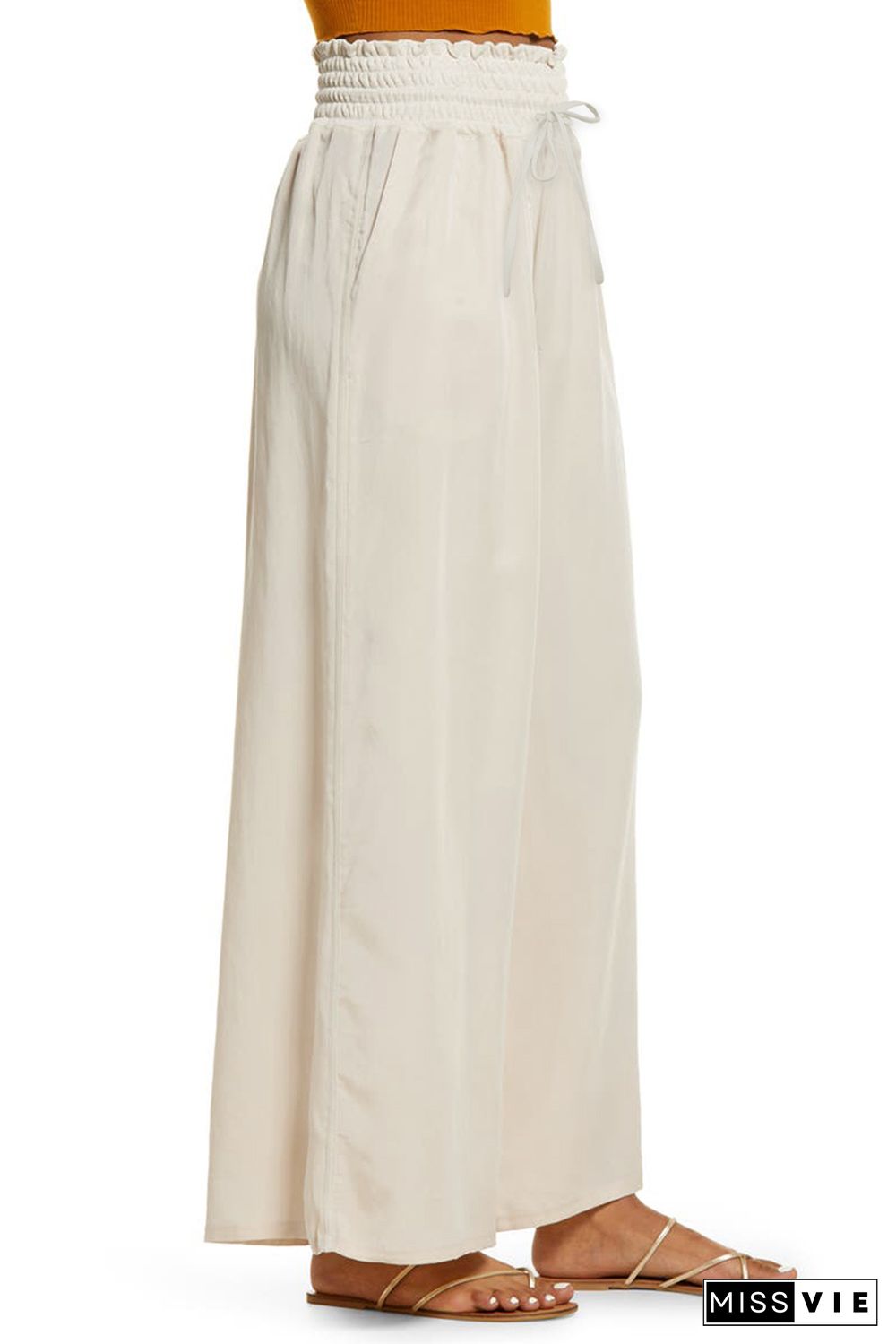 Beige Smocked High Waist Wide Leg Pants