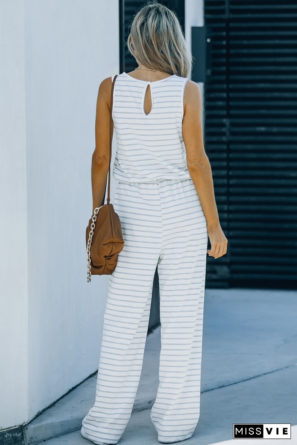 White Striped Print Pocketed Sleeveless Jumpsuit