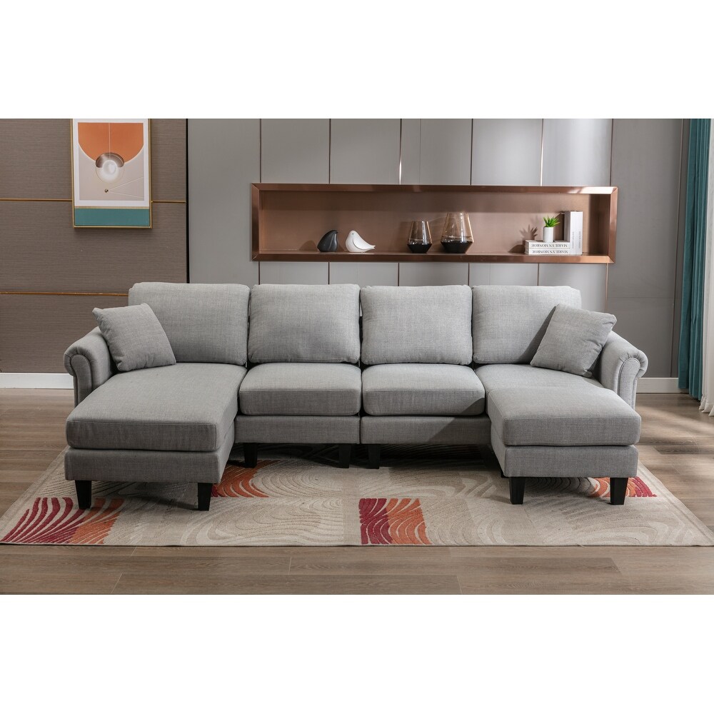 Velvet Upholstered L Shaped Sectional Sofa With Ottoman