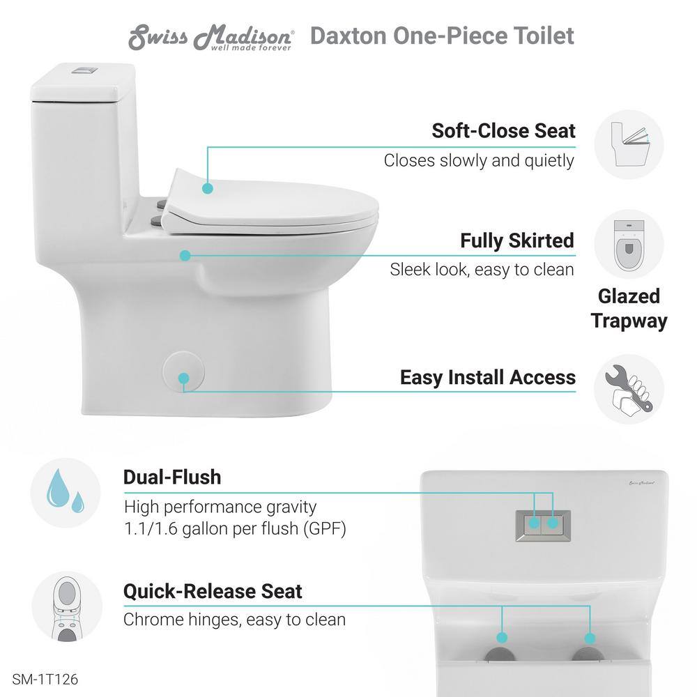 Swiss Madison Daxton 1-piece 1.11.6 GPF Dual Flush Elongated Toilet in White Seat Included SM-1T126