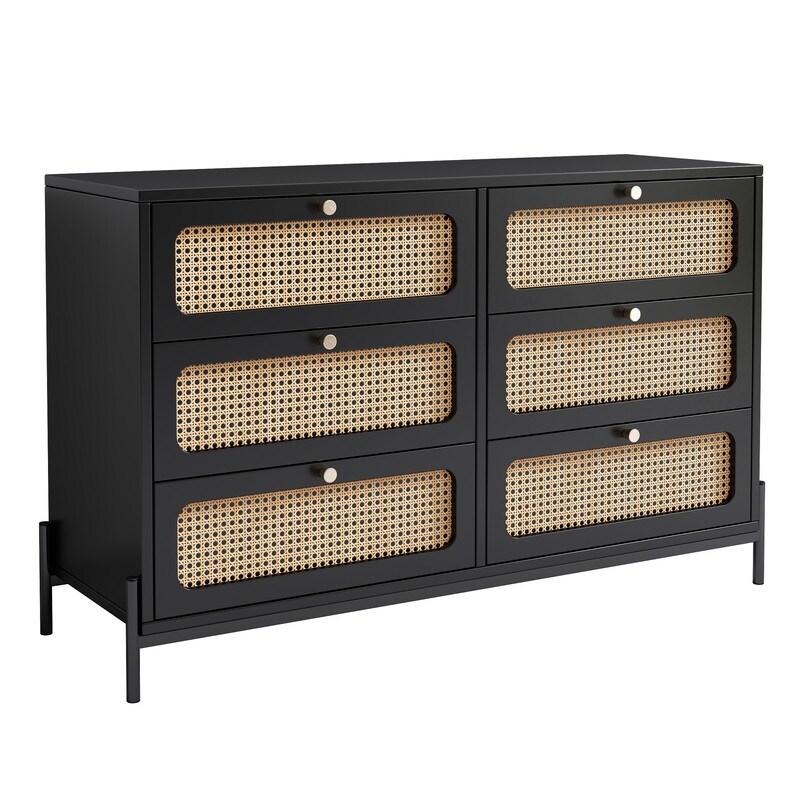 47'' Modern Solid Wood 6 Drawer Dresser with Rattan Decorative Doors (2 Colors）