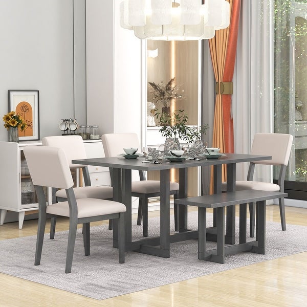 Wooden six-piece dining table H-shaped support design Dining table four chairs upholstered one wooden stool