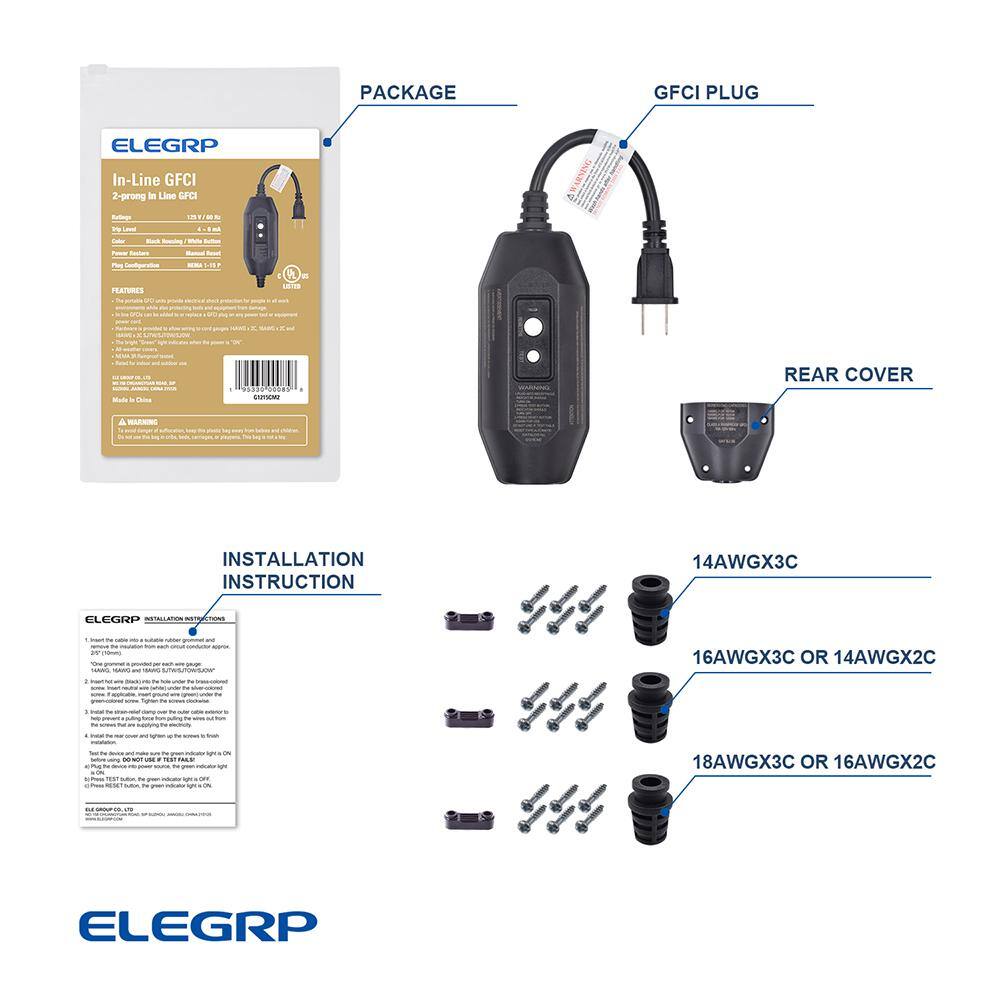 ELEGRP 1 ft. 15 Amp Manual Reset 2 Prong in-Line Portable GFCI Replacement Plug Assembly G1215CM2