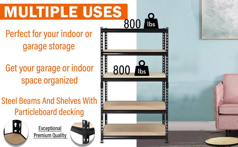 Juggernaut Storage 48W x 18 D x 72 H 5-Shelf Steel Shelving， 4000 lb Capacity Black