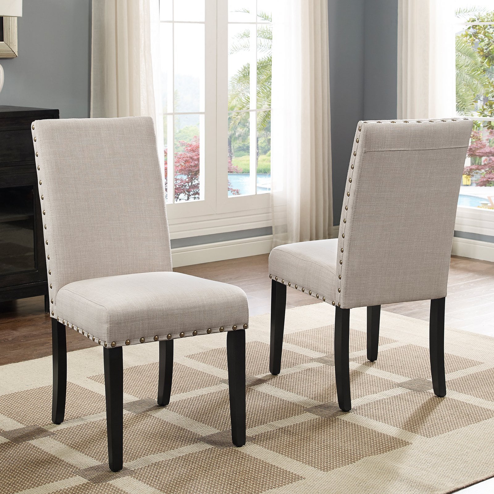 Roundhill Furniture Biony Fabric Dining Chair with Nailheads in Blue (Set of 2)