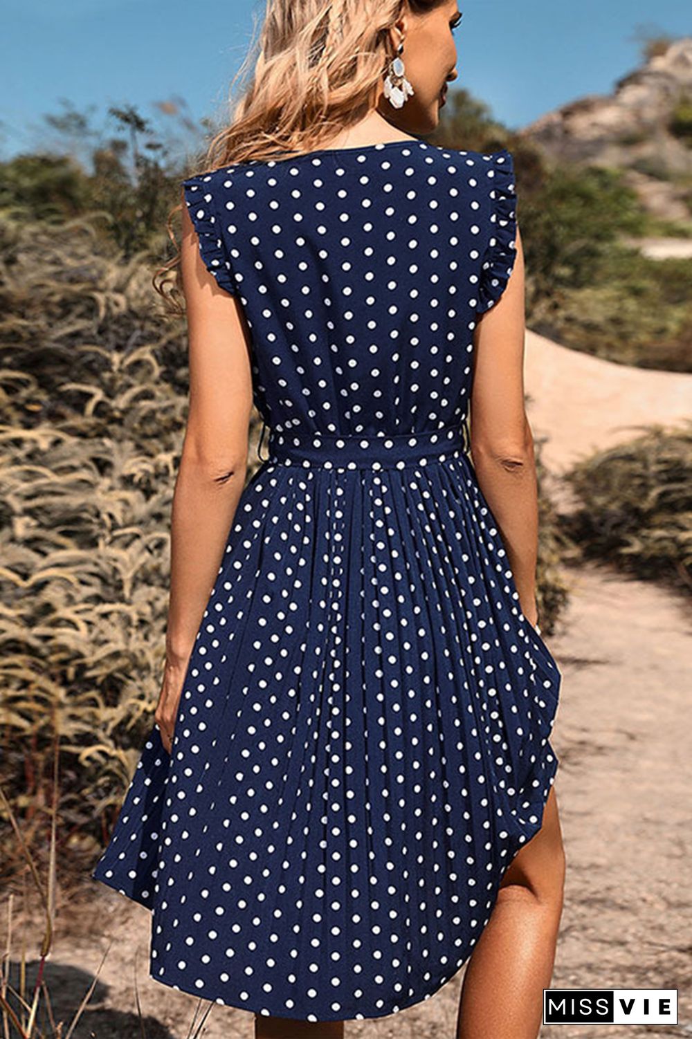 Polka Dot Crew Neck Short Sleeve Dress with Belt Wholesale