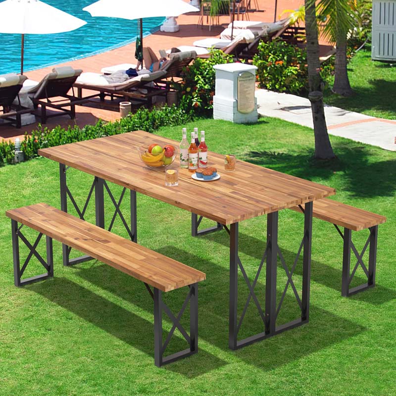 3 Pcs Acacia Wood Outdoor Picnic Table Bench Set with 2