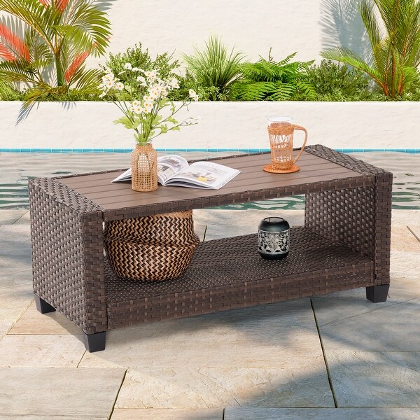 BONOSUKI Outdoor PE Rattan Side Table，Rectangular Coffee HIPS Tabletop