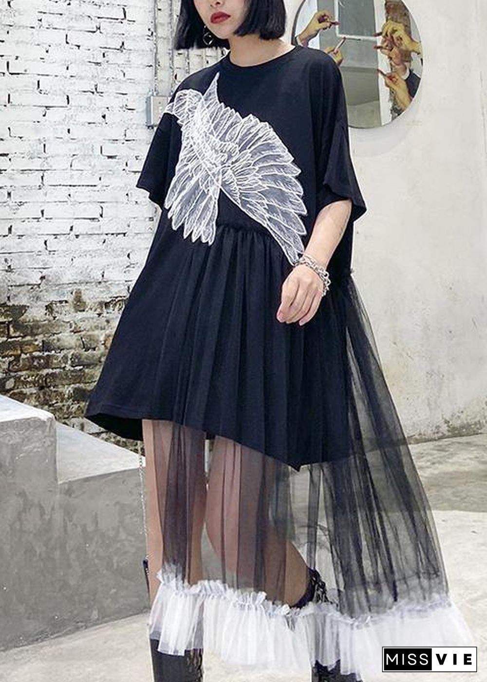 Style black dresses o neck patchwork tulle Midi Dresses