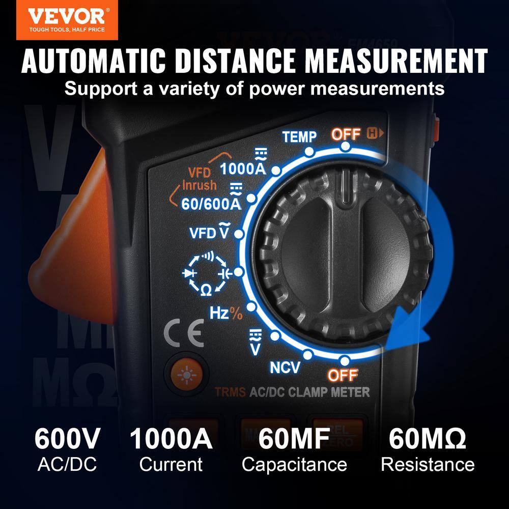 VEVOR 1000 Amp Digital Clamp Meter T-RMS 6000 Counts Clamp Multi-meter Tester for Home Industry Voltage Resistance Maintenance QXBFZDKCWACDCBUUBV0