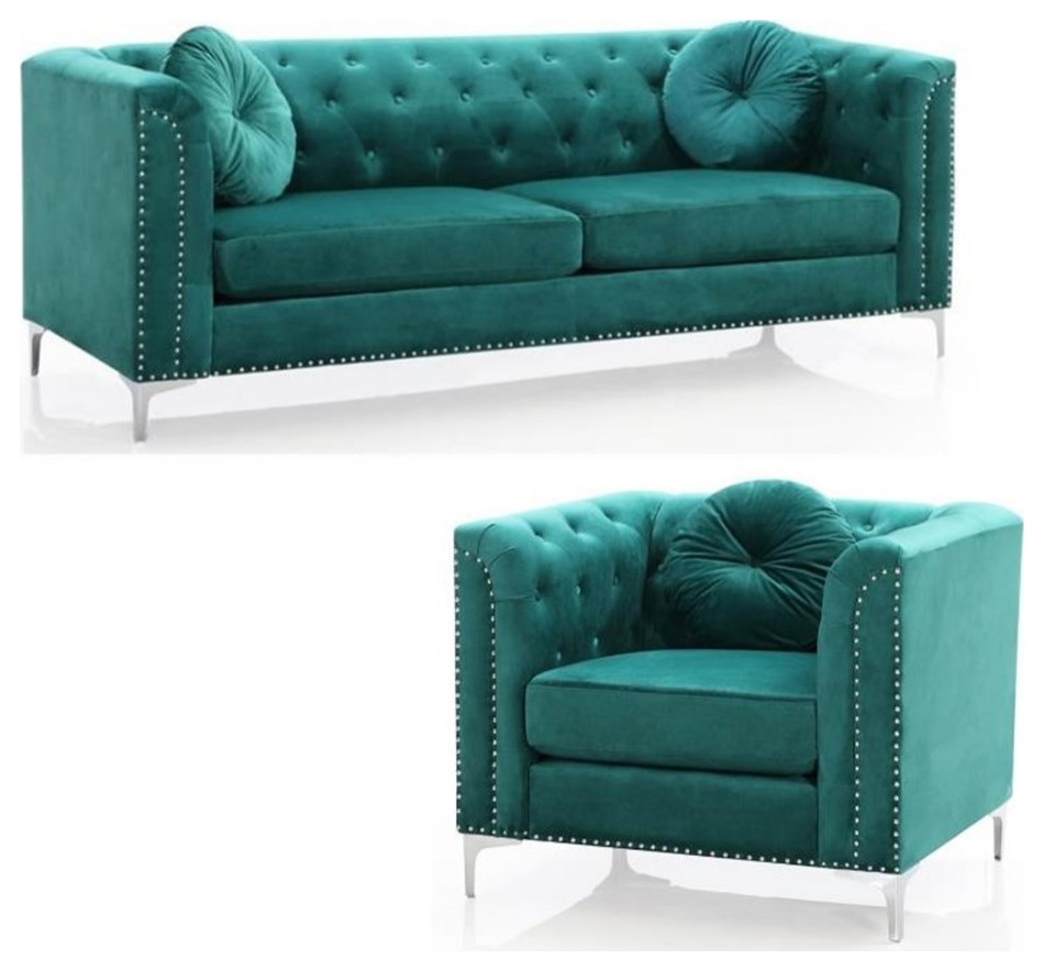 Home Square 2 Piece Furniture Set with Velvet Sofa and Chair in Green   Living Room Furniture Sets   by Homesquare  Houzz