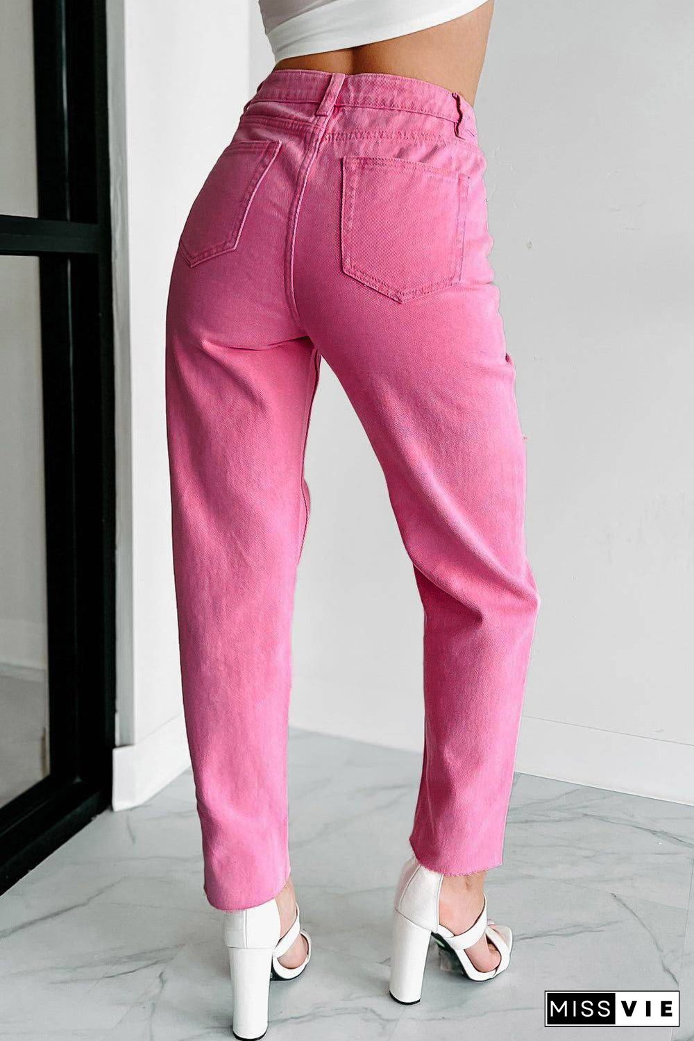 Pink Star Shape Patchwork Mid Waist Straight Leg Jeans