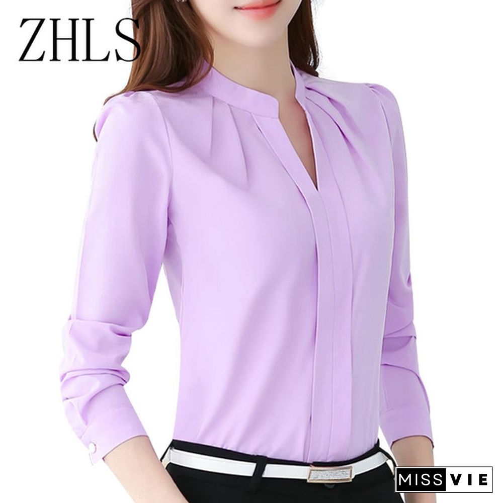 Spring Autumn Women Tops Long Sleeve Casual Chiffon Blouse Female V-Neck Work Wear Solid Color White Office Shirts For Women