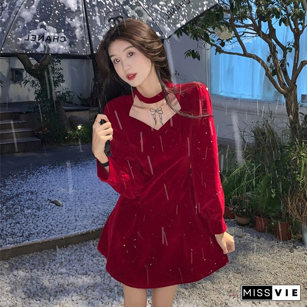 Spring Autumn Sexy Christmas Flash Powder Red Dress Women Long Sleeve Off Shoulder Mini Dress Korean Fashion Lady Dress New