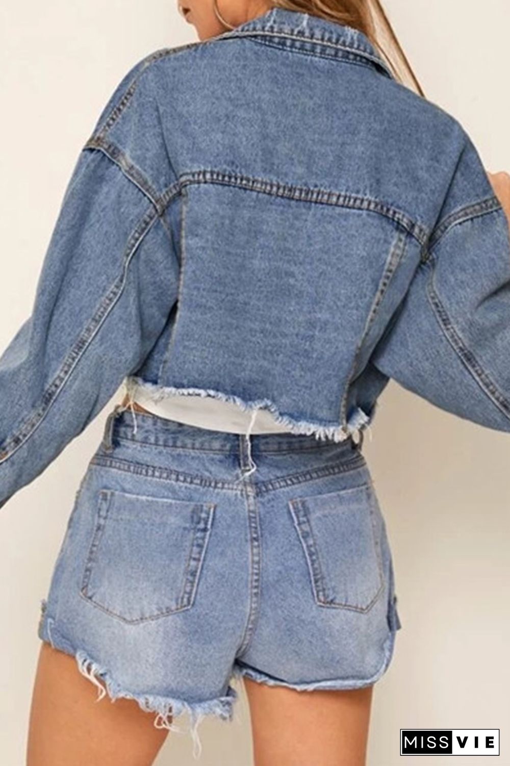 Buttons Front Raw Hem Ripped Crop Denim Jacket Women Wholesale