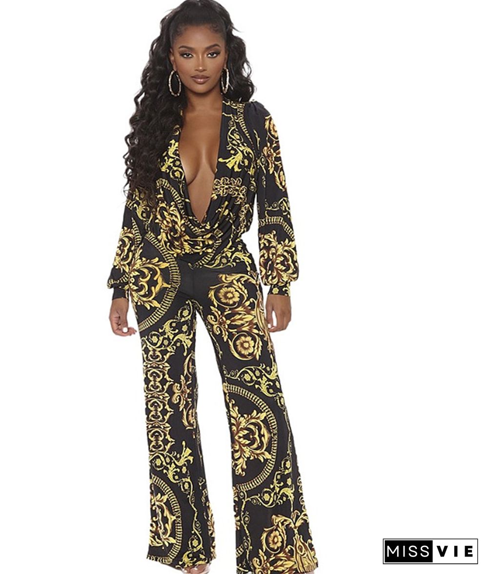 Sexy Digital Printed Deep V Long-sleeve High Waist Jumpsuit