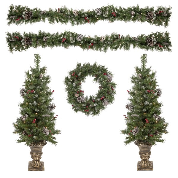 5Piece PreLit Frosted Verona Berry Pine Artificial Christmas Entryway Set