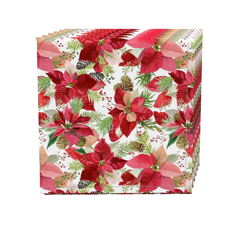 Napkin Set， 100% Polyester， Set of 4， 18x18， Poinsettia and Pinecones