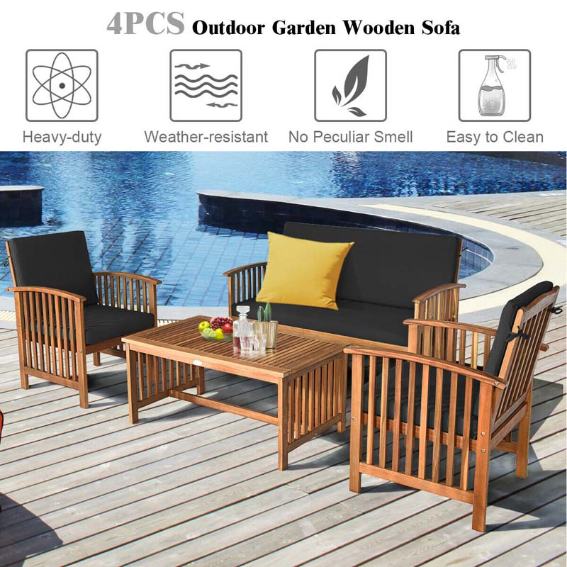 4 Pcs Outdoor Acacia Wood Sofa Set Patio Conversation Furniture Set with Cushions & Coffee Table