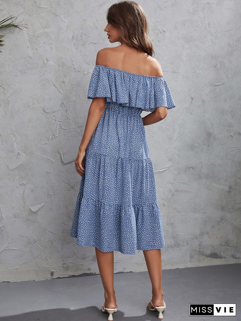 Sexy Chic Slash Neck Strapless Dot Print Dress Women Summer Dress New High Waist Slim Midi A-line Ruffle Short Sleeve Dress