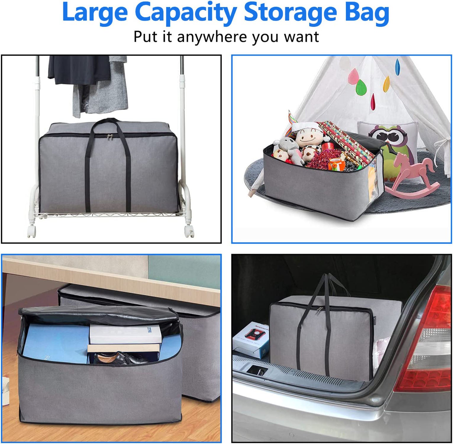 MISSLO Water Resistant Large Storage Bag Organizer for Moving Clothes, Comforters, Blankets, Clothing Containers in Closet, Bedroom, Dorm Room, Gray