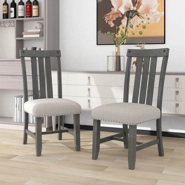 2 sets of fabric upholstered dining chairs with silver nails and solid wood legs， seat height -19.5