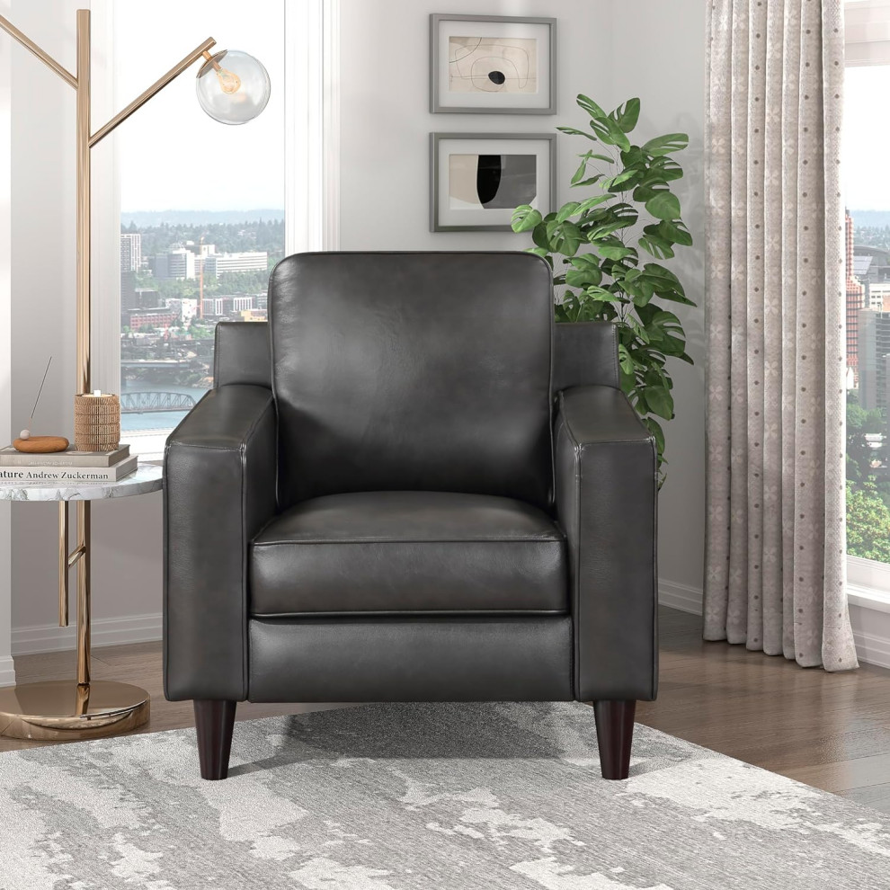 Transitional Accent Chair  Pine Wood Frame  ampLeather Seat With Track Arms  Gray   Transitional   Armchairs And Accent Chairs   by Decor Love  Houzz