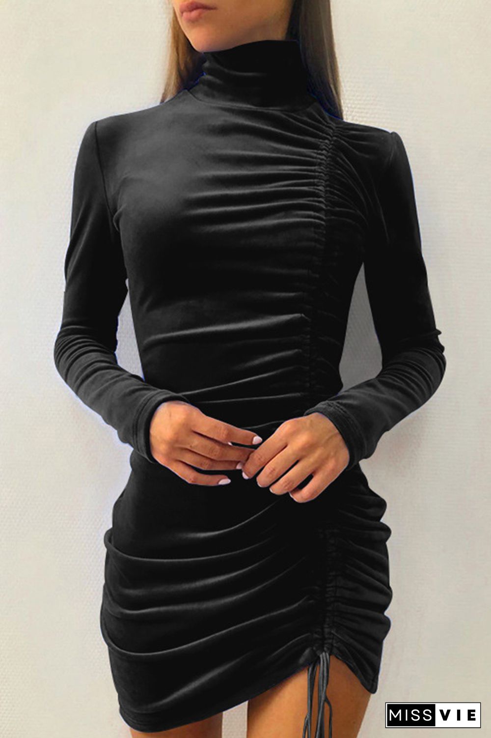 Fashion Elegant Solid Split Joint Fold Half A Turtleneck Pencil Skirt Dresses