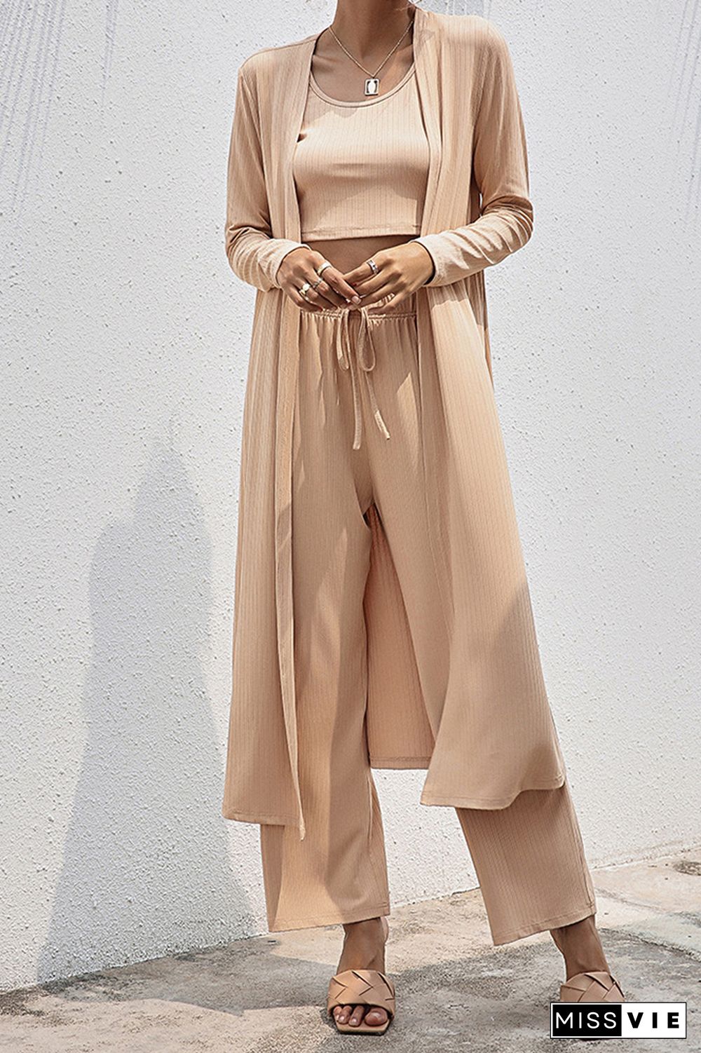 Crop Tank Top and Wide Leg Pants with Coat 3 PCS Set Wholesale