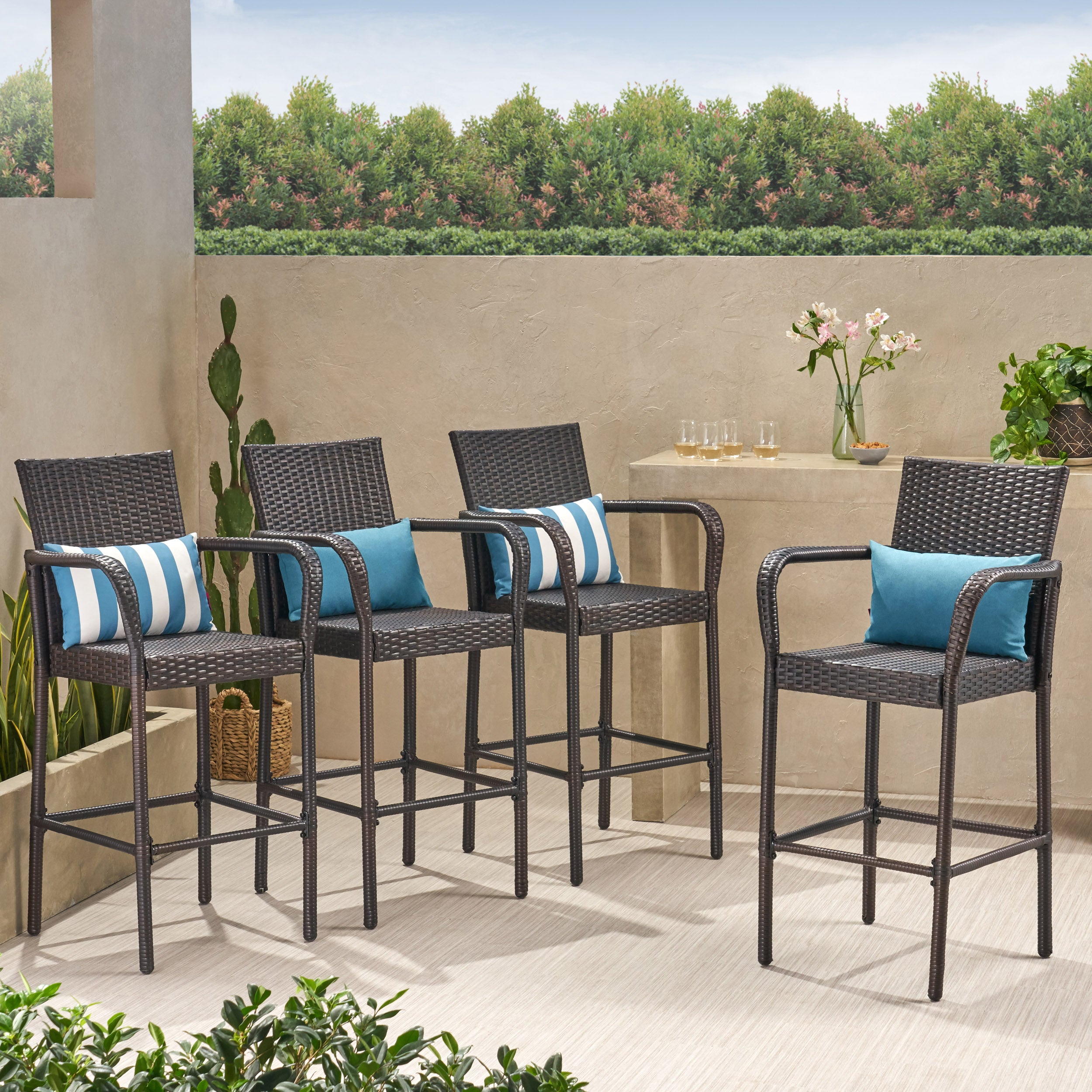 Stewart 30-Inch Outdoor Brown Wicker Barstool (Set of 4)