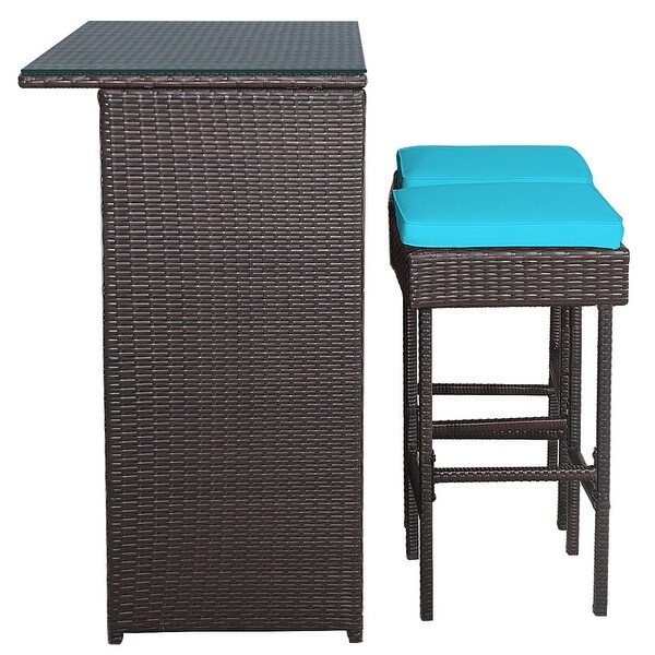 Costway 3PCS Patio Rattan Wicker Bar Table Stools Dining Set Cushioned