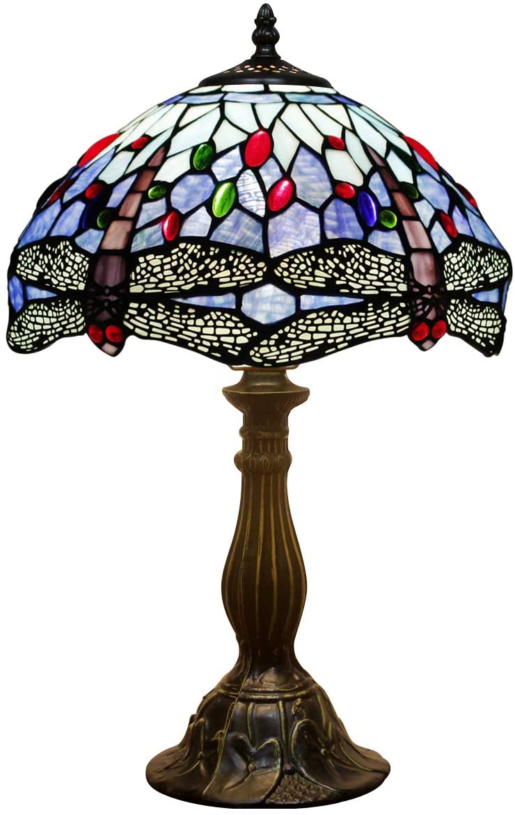 SHADY Tiffany Table Lamp Blue Stained Glass Dragonfly Style Bedside Desk Reading Light 12X12X18 Inches Decor Bedroom Living Room Home Office S004 Series