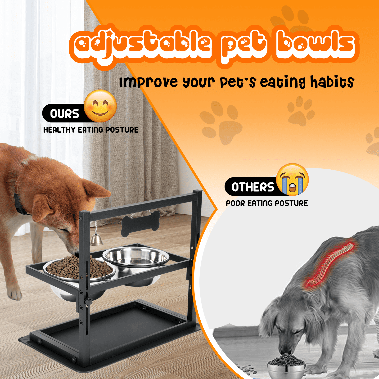 Elevated Dog Bowls,Raised Dog Bowls Stand Adjusable Height with 2 Stainless Steel Dog Food Bowls and Spill Proof Mat, Dog Bowls for Large Medium Dogs and Cats.