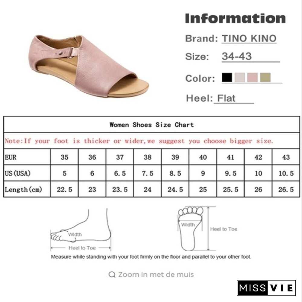 Plus Size Fashion Women's Leather Flat Sandals Buckle Strap Slippers Fish Mouth Shoes