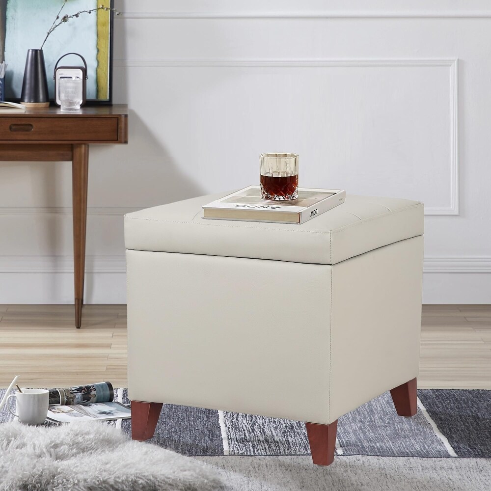 PU Storage Ottoman  Upholstered Square Faux Leather Foot Rest   Flip Top Footstool with Wood Legs  Small Cube Table Extra Seat