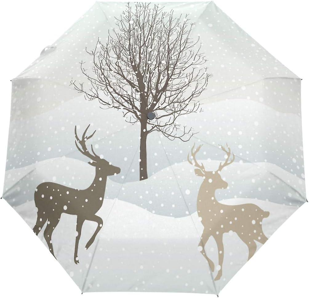 Travel Umbrella Automatic Windproof Foldable Umbrella Deers In Snowy Landscape