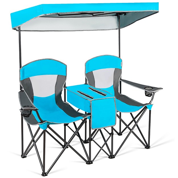 Costway Portable Folding Camping Canopy Chairs W Cup Holder Cooler Outdoor Blue