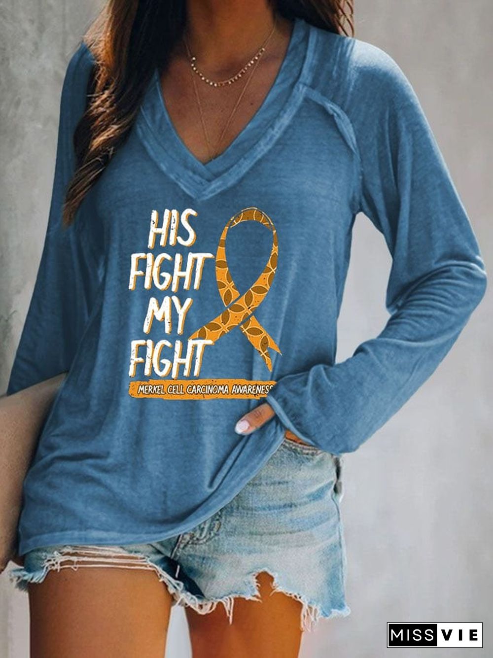 His Fight Is My Battle Merkel Cell Skin Cancer Women's Casual Printed Long Sleeve T-Shirt