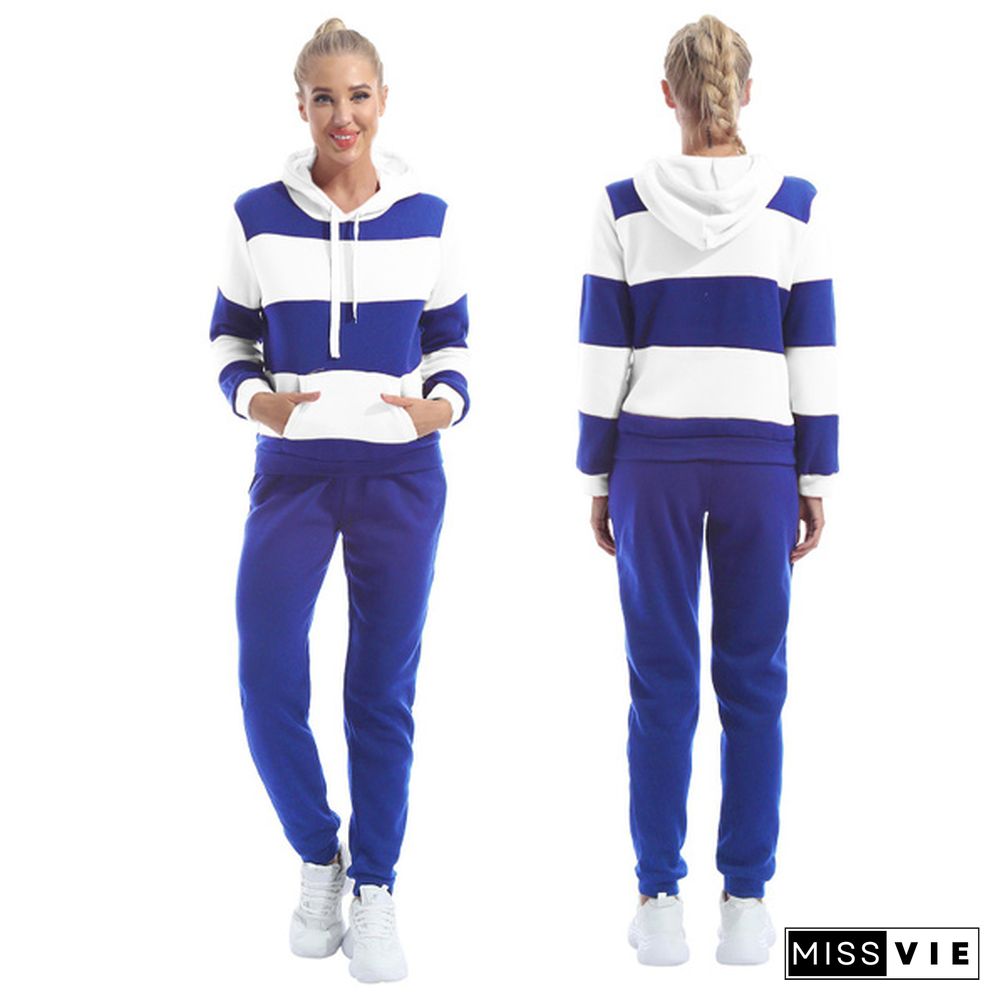 Plus Size Women's Casual Two Piece Outfits Stripes Sweatsuit Tracksuit Pocket Hoodies Sweatshirt Drawstring Pants S-Xxxl