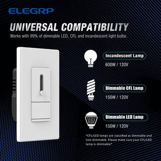 ELEGRP Slide Dimmer Switch for Dimmable LED CFLIncandescent Bulbs Single Pole 3-WayWall Plate Included White (2-Pack) DM17-WH2