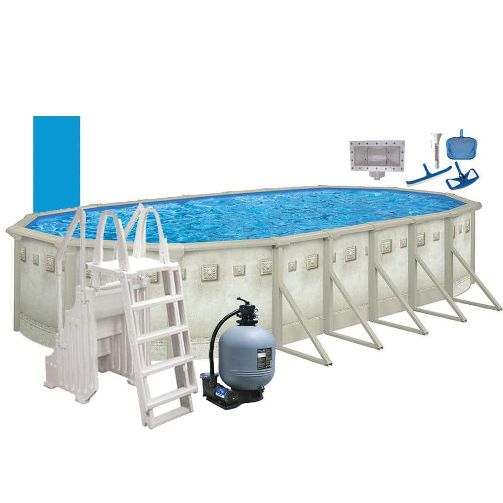 AQUARIAN Palisades 18 ft. x 33 ft. Oval 52 in. D Above Ground Hard Sided Pool Package with Entry Step System PSEABT183352HD6