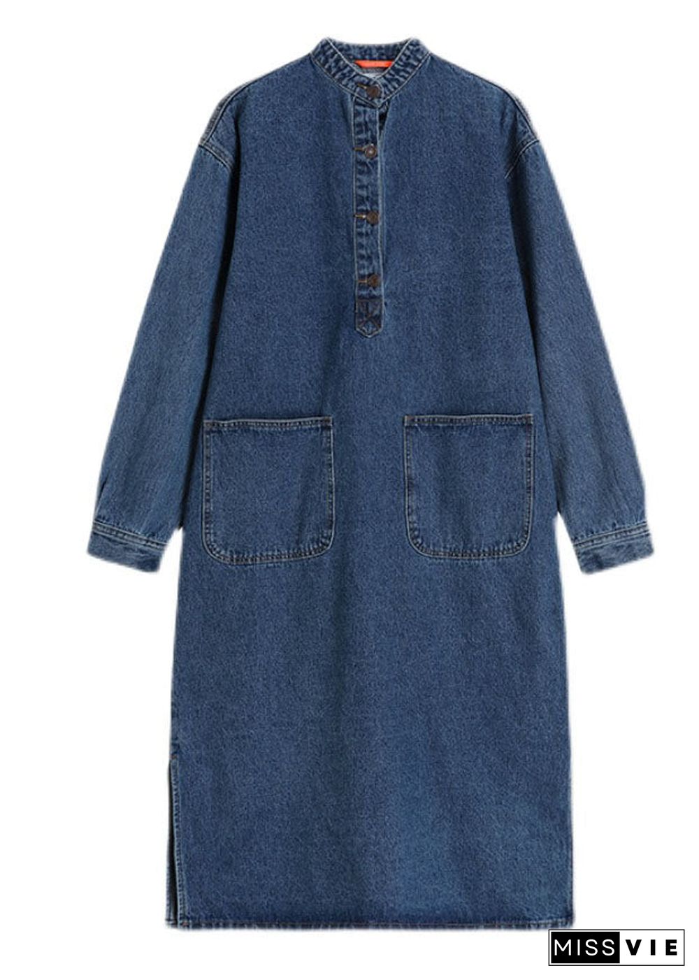 Handmade Blue Stand Collar Pockets Patchwork Denim Dress Fall