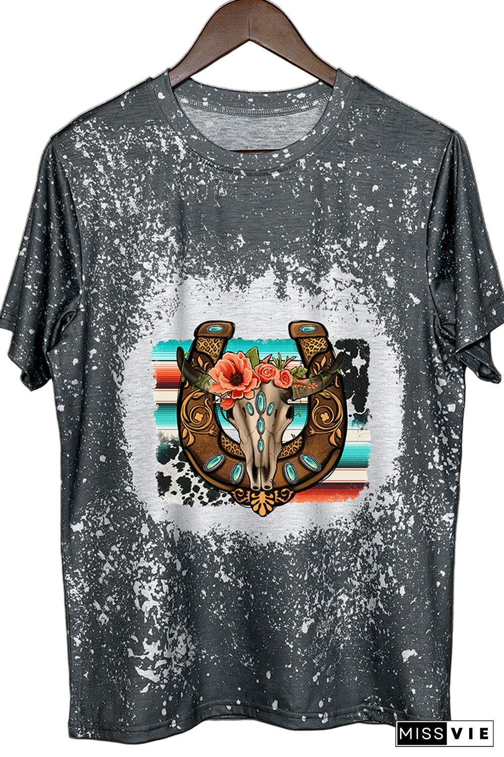 Horseshoe Floral Bull Skull Gemstone, Western Horseshoe Graphic Tee Wholesale