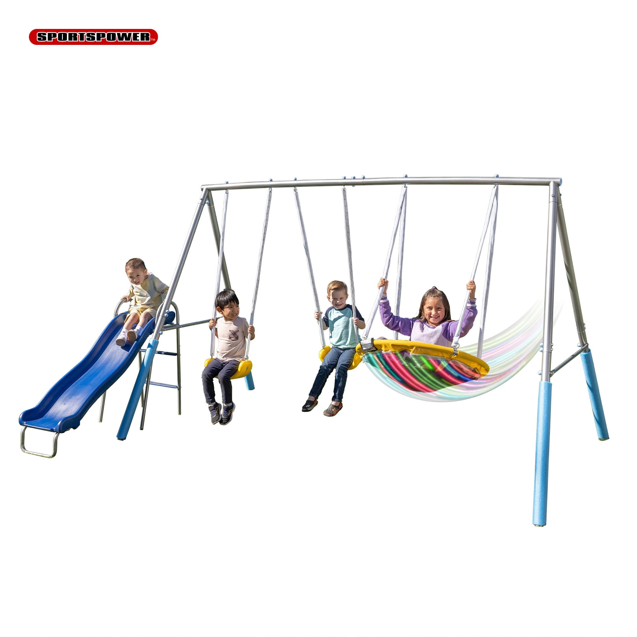 Sportspower Comet Metal Swing Set with LED Light up Saucer Swing， 2 Swings and 5ft slide